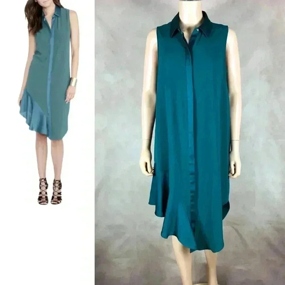 Rachel Roy Emerald Green Flounce-Hem Shirtdress Size MEDIUM - Picture 1 of 13